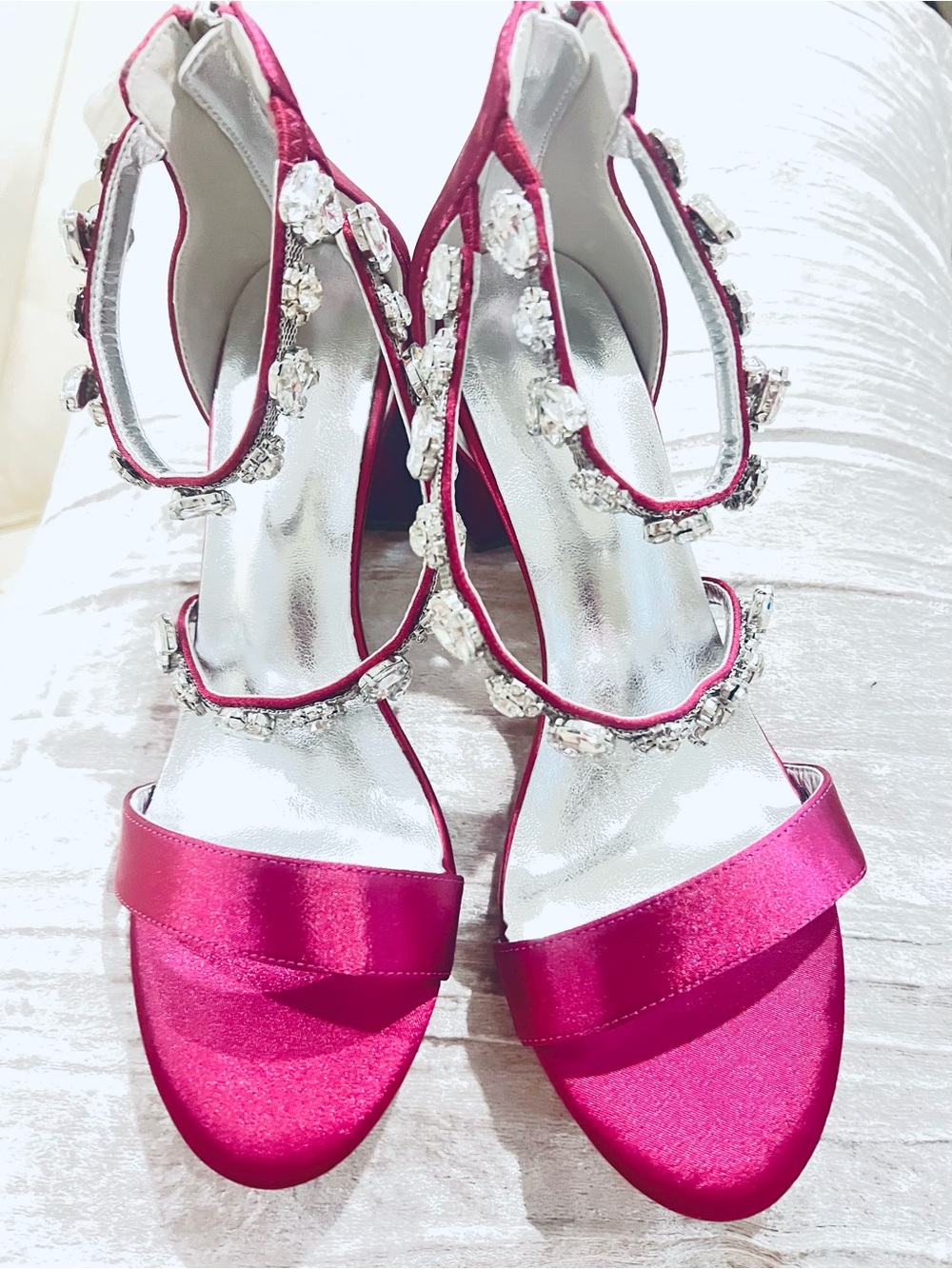 Women's Fuchsia Satin Jewel-Strap Heels
